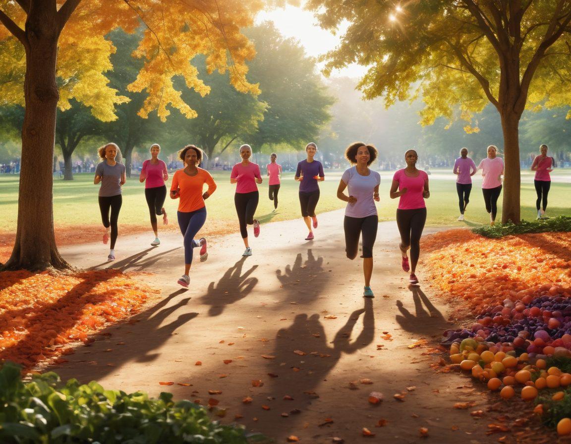 An inspiring scene showcasing a diverse group of people engaged in various activities promoting wellness, such as jogging in a park, preparing healthy meals, and practicing yoga. Surround these activities with visually striking representations of cancer awareness ribbons and fruits/vegetables symbolizing prevention. Use warm, uplifting colors to create a sense of community and empowerment. Add a subtle glow behind the figures to convey hope and action. super-realistic. vibrant colors. white background.