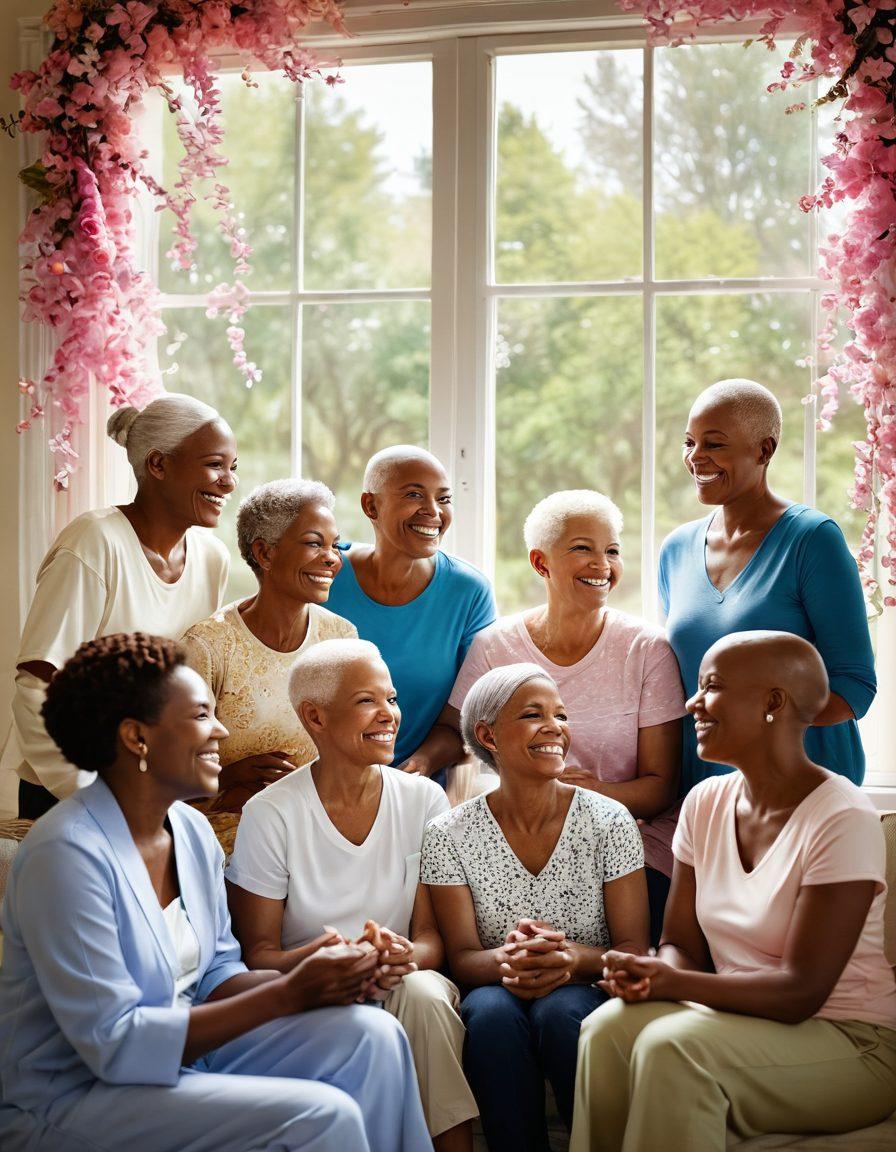 A warm, uplifting scene depicting a diverse group of cancer survivors sharing their stories in a supportive group setting, surrounded by symbols of hope like ribbons and blooming flowers. The atmosphere is filled with positive energy, featuring a mix of smiles, tears of joy, and encouraging gestures. Soft sunlight filters through a window, illuminating the connection and strength among them. The background showcases a calming, nature-inspired mural. super-realistic. vibrant colors. 3D.